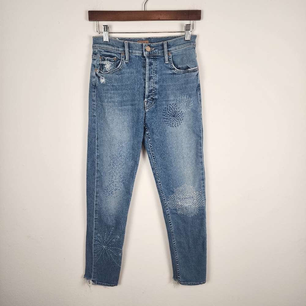 Mother The Cheeky Love Gun Button Fly Stitched Design Raw Hem Jeans Women's 26